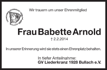 Traueranzeige von Babette Arnold von Pegnitz-Zeitung